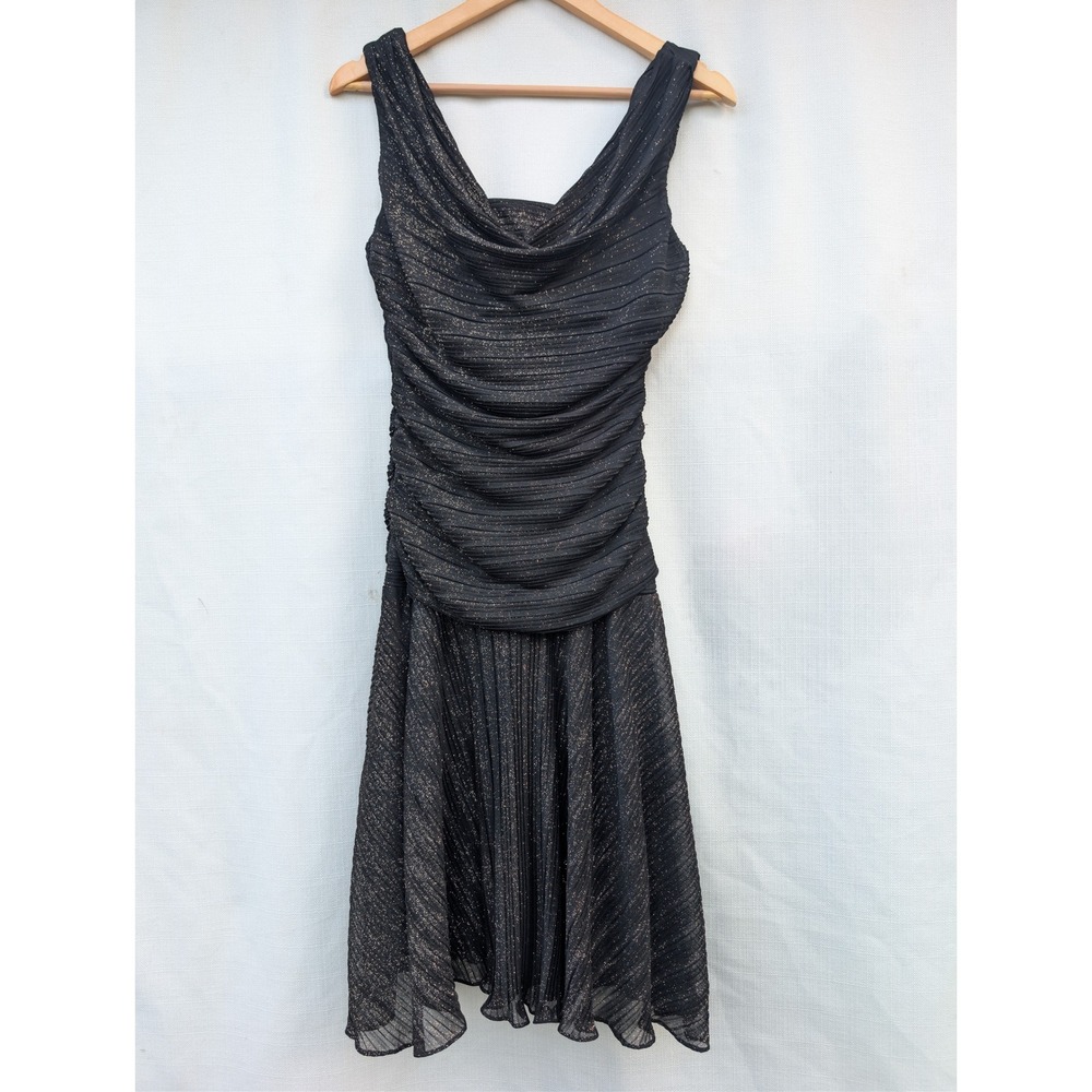 Nightway‎ Metallic Party Dress Womens 8 Black Ruched Cowl Neck 90s Grunge